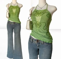 2000s Green Outfit, 2000s Cami Tops, Looks 2000s, Halter Top 2000s, Fitted Halter Top For Spring, Y2k Style, Green Y2k Cami Top, Top Verde, Y2k Fairy