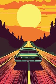 a car driving down the road in front of an orange sunset with trees and hills