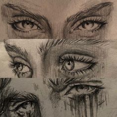 three different views of an eye with long lashes and tears on the upper part of the eyes