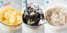 three pictures showing how to make cake batter in a blender and then mixed together