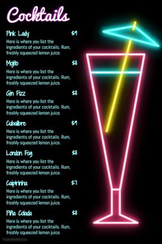 the cocktail menu is lit up and ready to be eaten by someone at this time