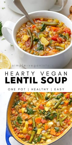 two bowls of hearty vegan lentil soup with bread on the side