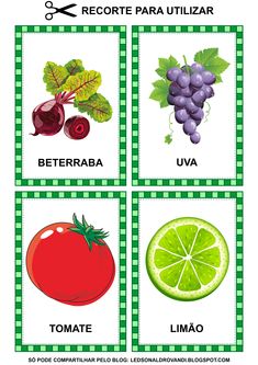 four different fruits and vegetables are shown in this card, with the words's names