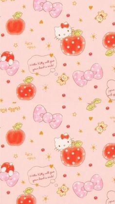 an image of hello kitty and apple pattern on pink background with stars, hearts, and bows