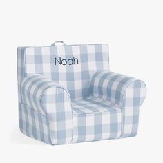 a blue and white checkered chair with the name noah on it