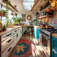 a kitchen with lots of potted plants on the counter top and an area rug