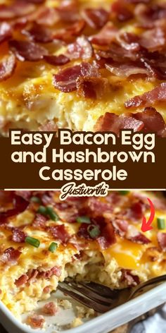 bacon egg and hashbrown casserole in a white dish with a fork