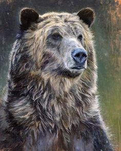 a painting of a grizzly bear in front of a brown and green background,