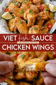 a hand holding a piece of chicken wings in front of the camera and text overlay that reads, vet fish sauce chicken wings