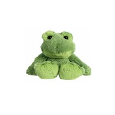 a green frog stuffed animal sitting up against a white background