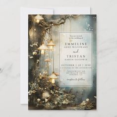 an elegant wedding card with lanterns and flowers