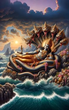 a painting of a person sitting on top of a large body of water with two snakes around