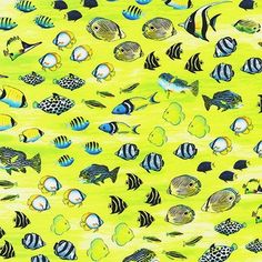 a painting of many different types of fish on a yellow background with black and white stripes