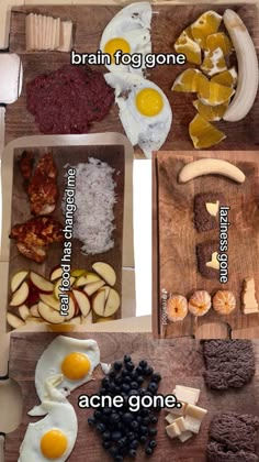 four different types of food are shown in the box, including eggs, bread and fruit