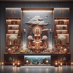 the buddha statue is surrounded by candles and other items in front of a large display case