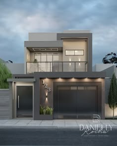 the front view of a modern house with two garages and an attached balcony area