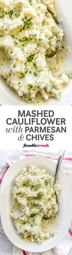 mashed cauliflower with parmesan cheese in a white bowl