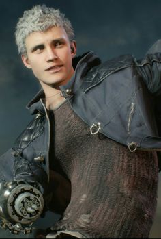 a man with grey hair wearing a leather jacket and holding a metal object in his hand