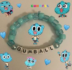 gumball beaded bracelet with charms and stickers on the front, featuring an image of gumball