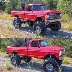 two pictures of a red truck with big tires