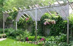 a garden with lots of flowers and plants growing on the side of it's fence