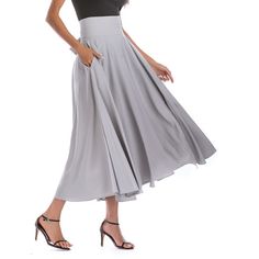 Light Gray High Waisted Swing A-line Maxi Skirt Chic A-line Maxi Skirt For Work, Chic A-line Maxi Skirt With Relaxed Fit, Chic A-line Lined Maxi Skirt, Chic A-line Maxi Skirt With Lining, A-line Pleated Skirt With Pockets, Elegant Full Pleated Skirt In Solid Color, Elegant Flared Mini Skirt In Solid Color, Chic Flared Skirt With Wide Waistband, Chic A-line Maxi Skirt In Solid Color