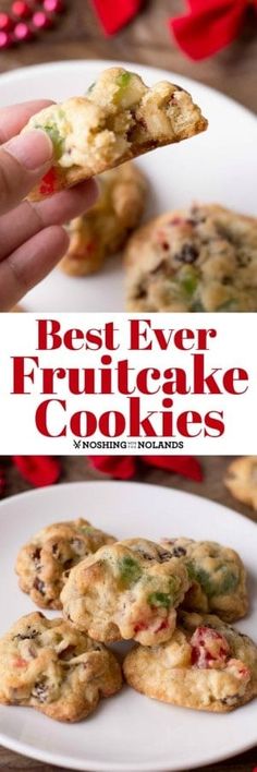 the best ever fruticake cookies recipe on a white plate with red flowers in the background