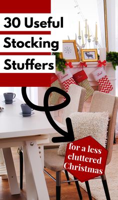 a white table topped with lots of chairs next to a christmas tree covered in stockings