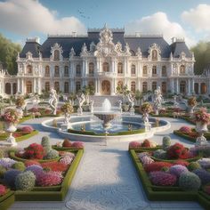 a large white building with lots of flowers in the front yard and fountain surrounded by hedges