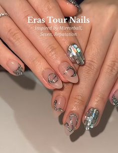 70  Nail Designs Inspired by Taylor Swift’s Eras Tour - Boss Babe Chronicles Mirrorball Taylor Swift Nails, Mirrorball Nails Taylor Swift, Taylor Swift Inspired Nails Ttpd, Bejeweled Taylor Swift Nails, Mirrorball Nails, Grow Strong Nails, Rep Eras Tour, Ts Nails, Manicure French Tip