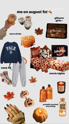 an image of autumn items that are in the fall and winter months, including pumpkins