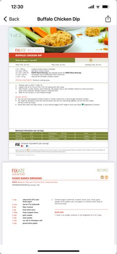 an iphone screen showing the menus and instructions for buffalo chicken dip, which is on display
