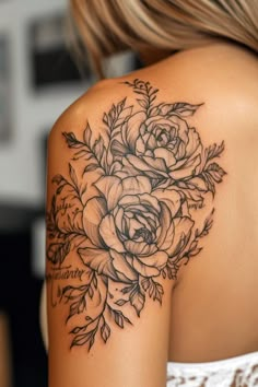 a woman's shoulder with flowers and leaves on her arm, in black and white