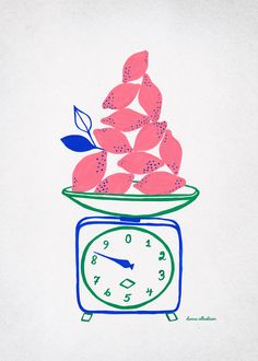 a drawing of a clock with pink flowers on it