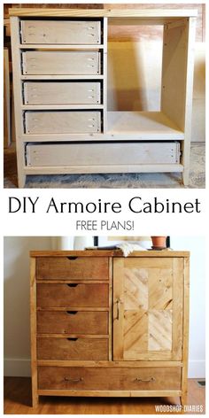 an old dresser is transformed into a diy armoire cabinet with free plans to make it