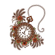 a drawing of an ornate clock with flowers on the front and sides, hanging from a chain