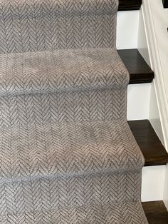 a cat sitting on top of a carpeted stair case next to a hand rail