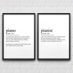 two black and white framed posters on a brick wall with the words piano in different languages