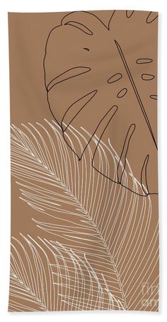 a brown and white palm leaf on a tan background hand towel featuring the drawing leaves by person