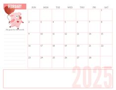 a calendar with a pig holding a heart shaped balloon