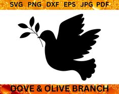 a black bird with a twig in its beak and the words dove & olive branch on it