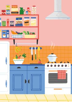 an illustration of a kitchen with blue cabinets and pink walls