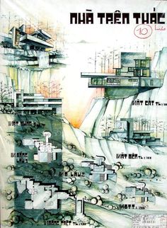 a poster with some buildings on the side of it and words written in different languages