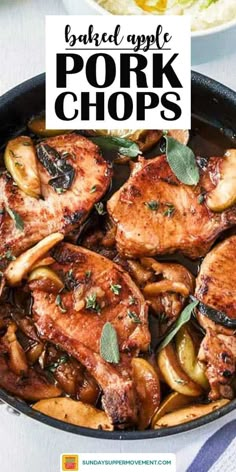 pork chops with mushrooms and sage in a skillet