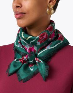 This Franco Ferrari scarf incorporates playful pops of color with a reversible two-sided motif, making it oh-so-easy to complement all your favorite tops. It's spun from 100% silk and finished with a fringe trim for a contemporary feel. Our stylist recommends layering it with chic separates for an elevated transitional look. Chic Green Silk Scarves, Green Chic Silk Scarves, Elegant Multicolor Silk Scarf, Black Rectangular Silk Scarf, Modern Multicolor Silk Scarf, Luxury Multicolor Classic Silk Scarf, Luxury Multicolor Silk Scarf, Green Silk Scarf, Skirt And Top Dress