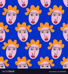 the face of a woman with different haircuts seamless pattern on blue background