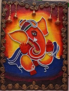 an elephant painted on the side of a building with bells hanging from it's sides