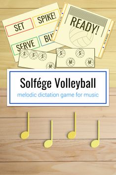 three pieces of paper with music notes on them and the words, softee volleyball