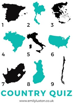 the country quiz is shown in blue and black, with numbers for each country on it