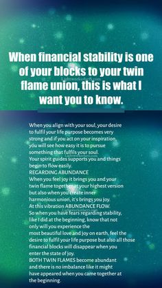 an advertisement with the words financial stability is one of your blocks to your twin flame union, this is what i want you to know